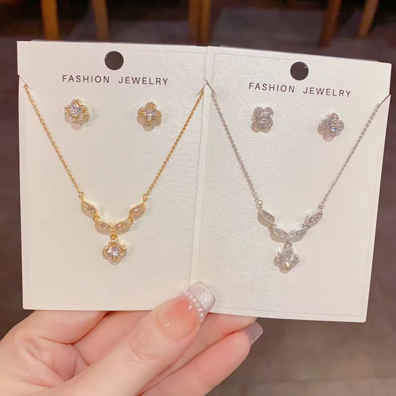 Top Quality Fashion Exquisite Flower Necklace and Earrings Set with Zircon Luxury Real Gold Plated Jewelry Set for Women