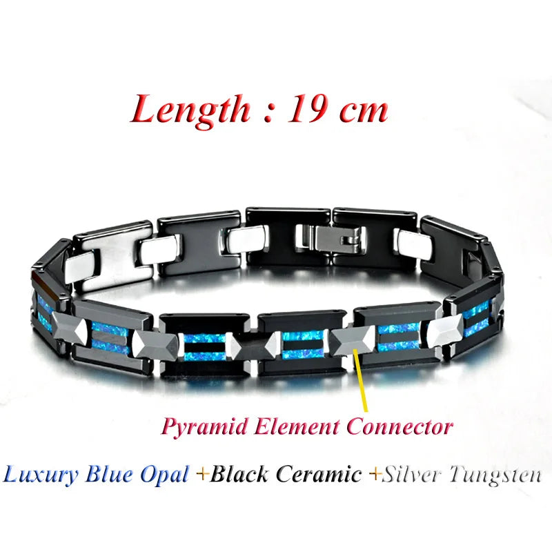 Luxury Hypoallergenic Black Ceramic Natural Blue Opal Bracelets for Men and Women Charm Bangles Tungsten Carbide Jewelry