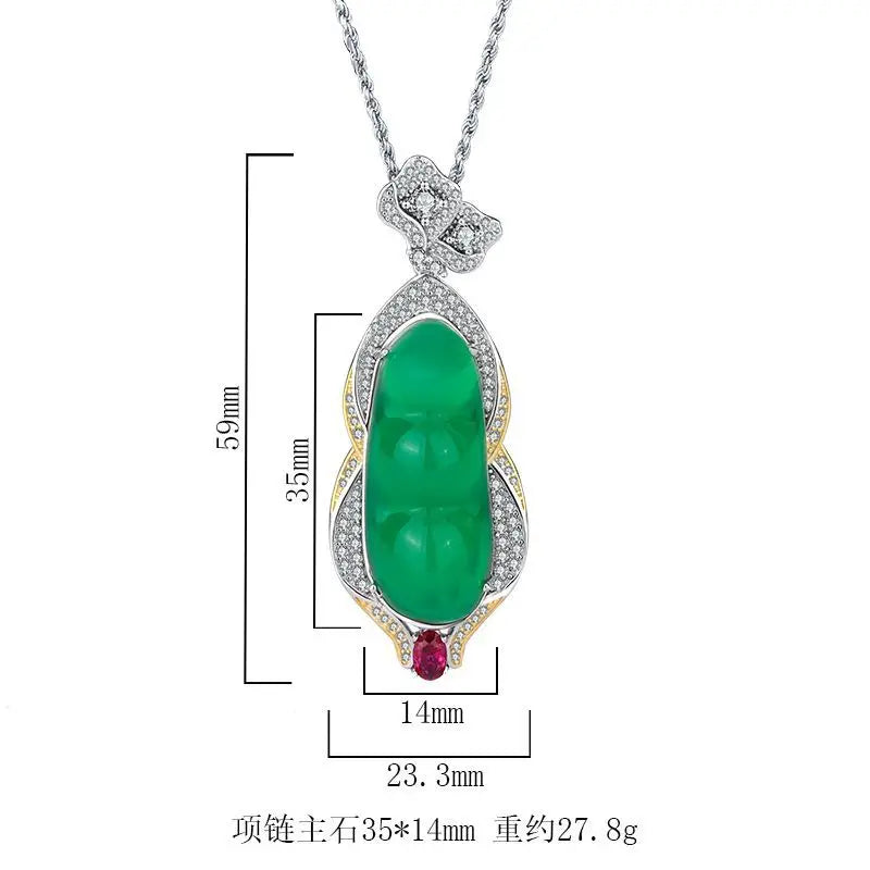 REDheart Inlaid Green Chaltony Fudou Brass Necklace with Zircon Flower Shape Pendant Rhodium Plated Women's Jewelry Set