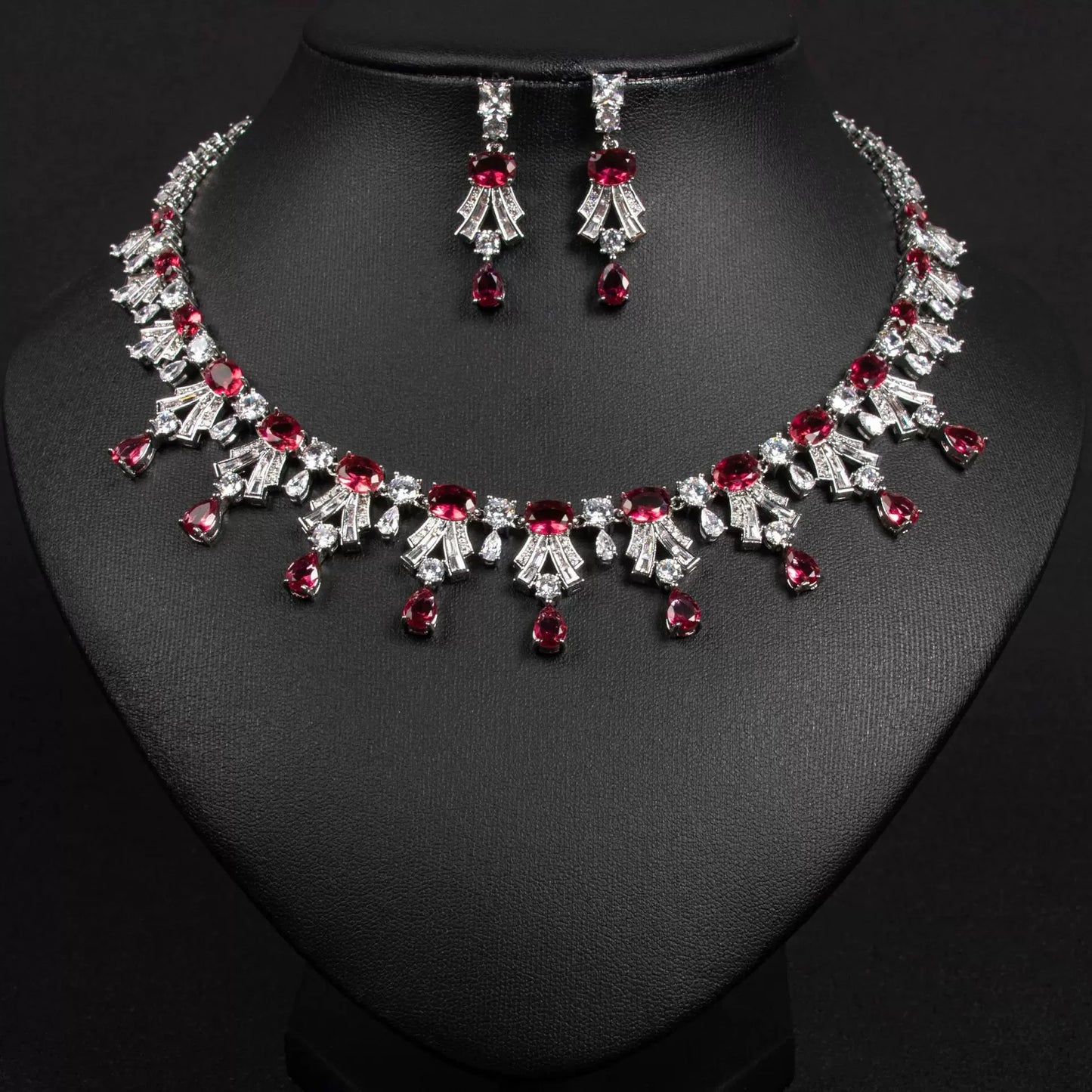 XM S314 Oval Cut Zircon Art Deco Statement Necklace & Drop Earrings Set