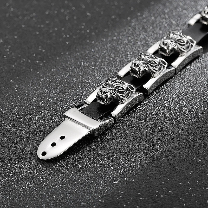 REBEL Punk Fine Jewelry Fashion Bracelets Stainless Steel Leather Tiger Charm Links Bracelet