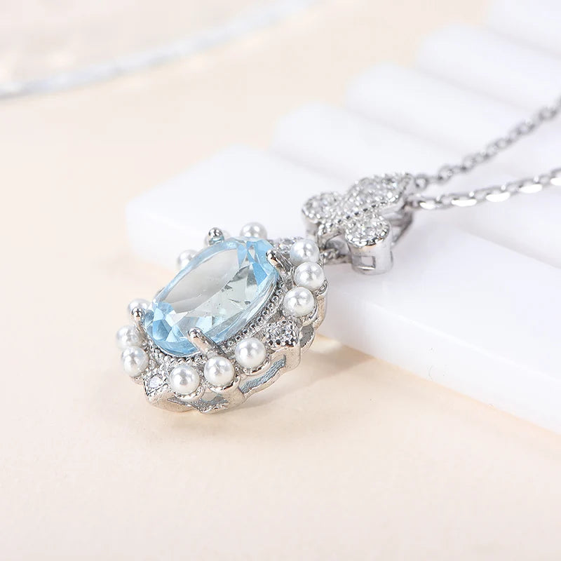 Gioiellieri Custom Women's Necklace Rhodium Plated Oval Cut Sky Topaz 925 Sterling Silver Pendant Natural Stone Claw Setting CMA