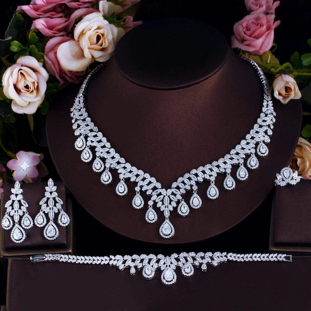 4pcs Cubic Zirconia Big Tassel Necklace Earrings Bracelet and Ring Luxury Wedding Bridal Jewelry Set for Women