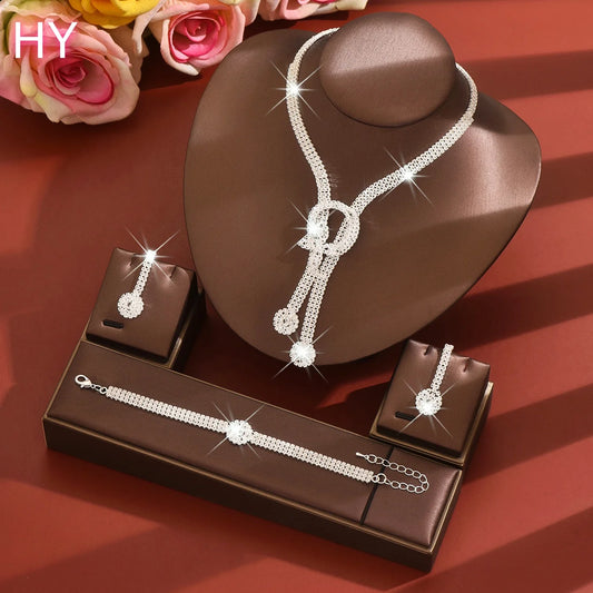 HY New European American Style Rhinestone Tassel Knot Women's Bridal Earrings Necklace Bracelet Jewelry Set