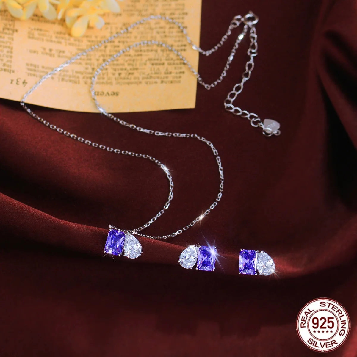 Vivid 925 Sterling Silver Purple Zircon Jewelry Set Baguette Drop Necklace Earrings Rhodium Plated for Women, Formal Event