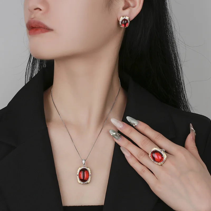 Gemfiori Retro Women's Oval Pigeon Blood Red Crystal Cubic Zircon Earrings High-end Banquet Dress Accessories
