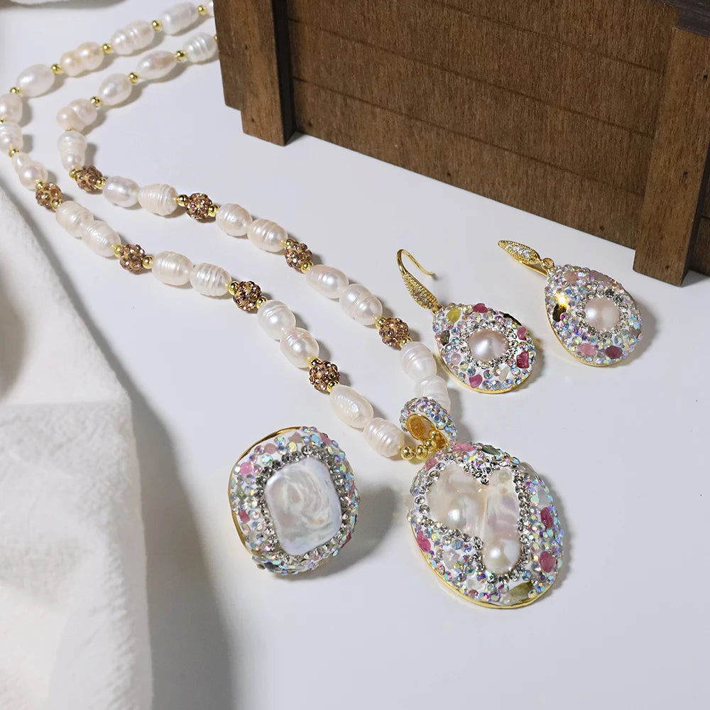 XOTICA Natural Baroque Pearl 18K Gold Plated Women's Gift Jewelry Necklace Bracelet Earrings Fashion Designer Jewelry Set