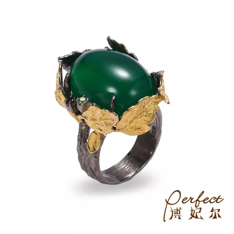 Big Natural Green Agate 925 Silver Leaf Ring for Gift