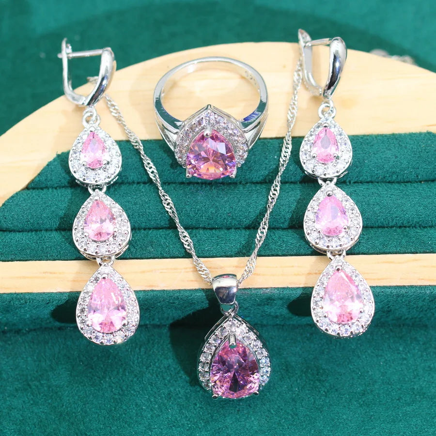 XOTICA 2024 New Pink Zirconia 925 Silver Women's Jewelry Sets Wedding Water Drop Earrings Rings Bracelets Pendant Necklace-for Parties