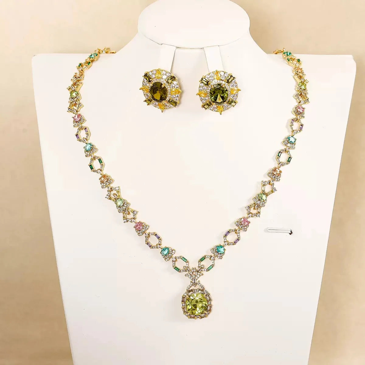 Bella Viva Vibrant Green Cubic Zirconia Necklace and Earring Sets, 18K Gold Plated Brass, Statement Jewelry for Daily & Gift