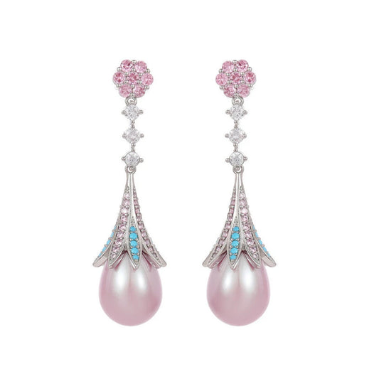 S&S French Vintage Pink Pearl & CZ Flower Dangle Drop Earrings – Silver Plated – Collection