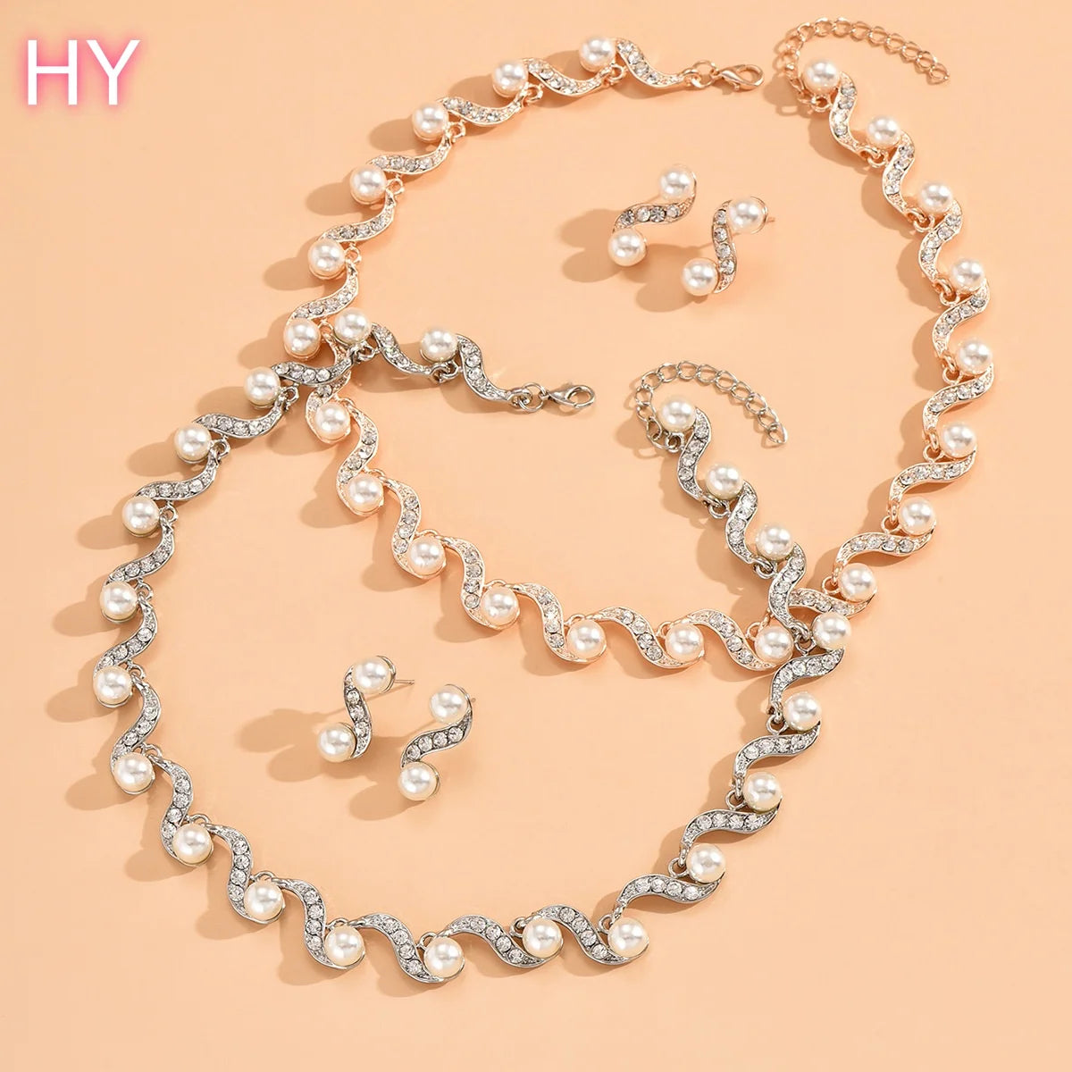 HY   Hot-selling Women Fashion Jewelry Sets Silver Gold Rhinestone Pearl Banquet Necklace and Earrings Set for Wedding