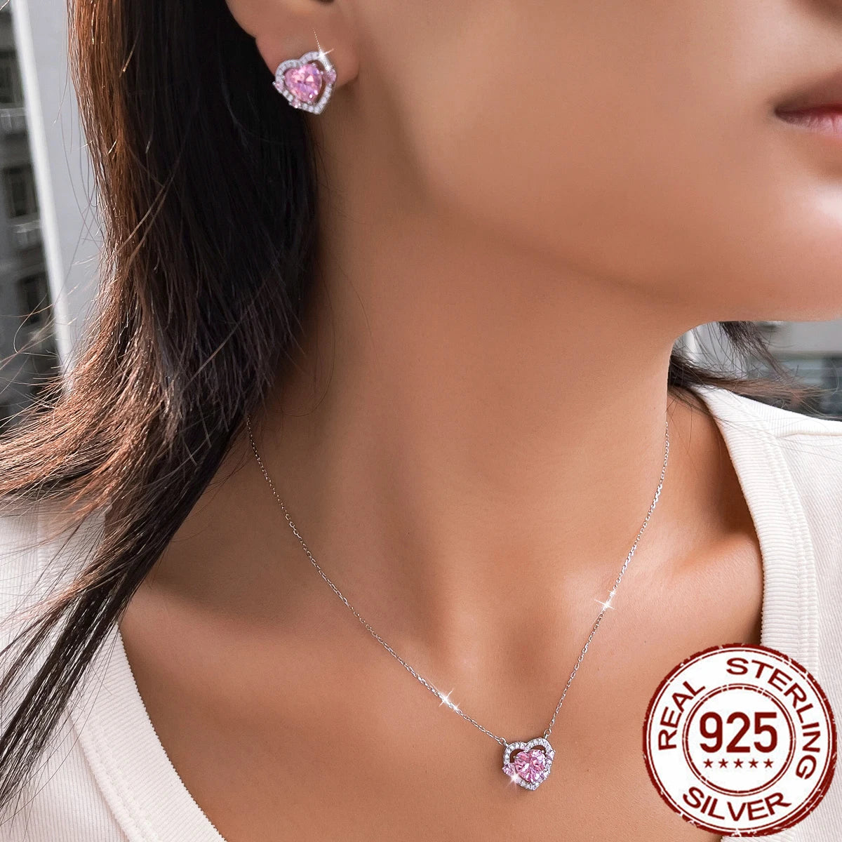 Fine Zirconia Jewelry Set 925 Sterling Silver Pink CZ Love Heart Pendant Necklace Earrings Romantic Jewelry Set for Women