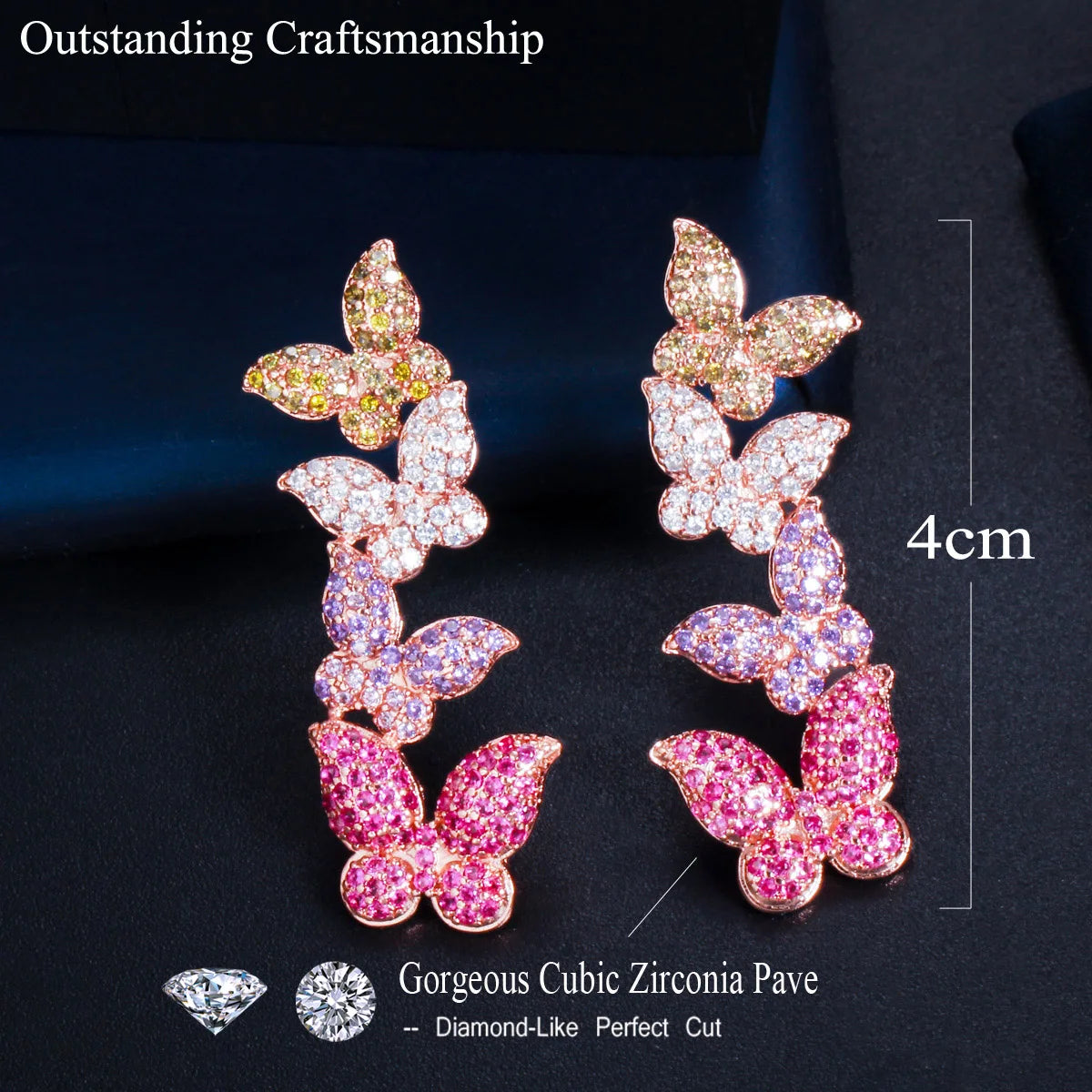 S&S Colourful Butterfly Micro Pavé CZ Dangle Drop Earrings – Rose Gold – 925 Silver Pin – Collection