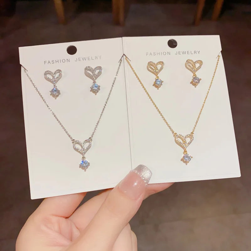 High Quality Fashion Luxury Heart Zircon Necklace and Earrings Set Classic Real Gold Plated Jewelry Set for Women