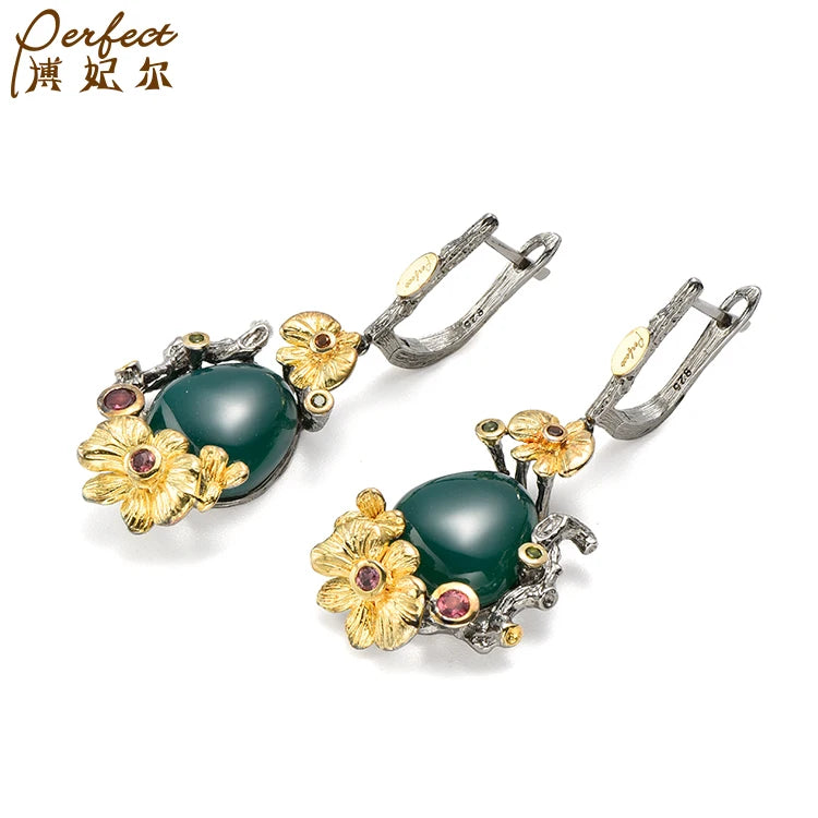 Best Selling Fashion Dangle Green Agate Round Vintage Fine Jewelry 925 Sterling Silver Earrings
