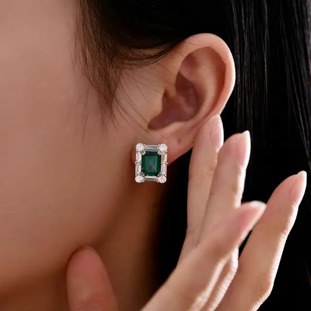 ArtistA S925 Sterling Silver Jewelry High Quality Rectangular Lab Grown Emerald Green Gemstone Rings Earring Necklace Jewelry Set