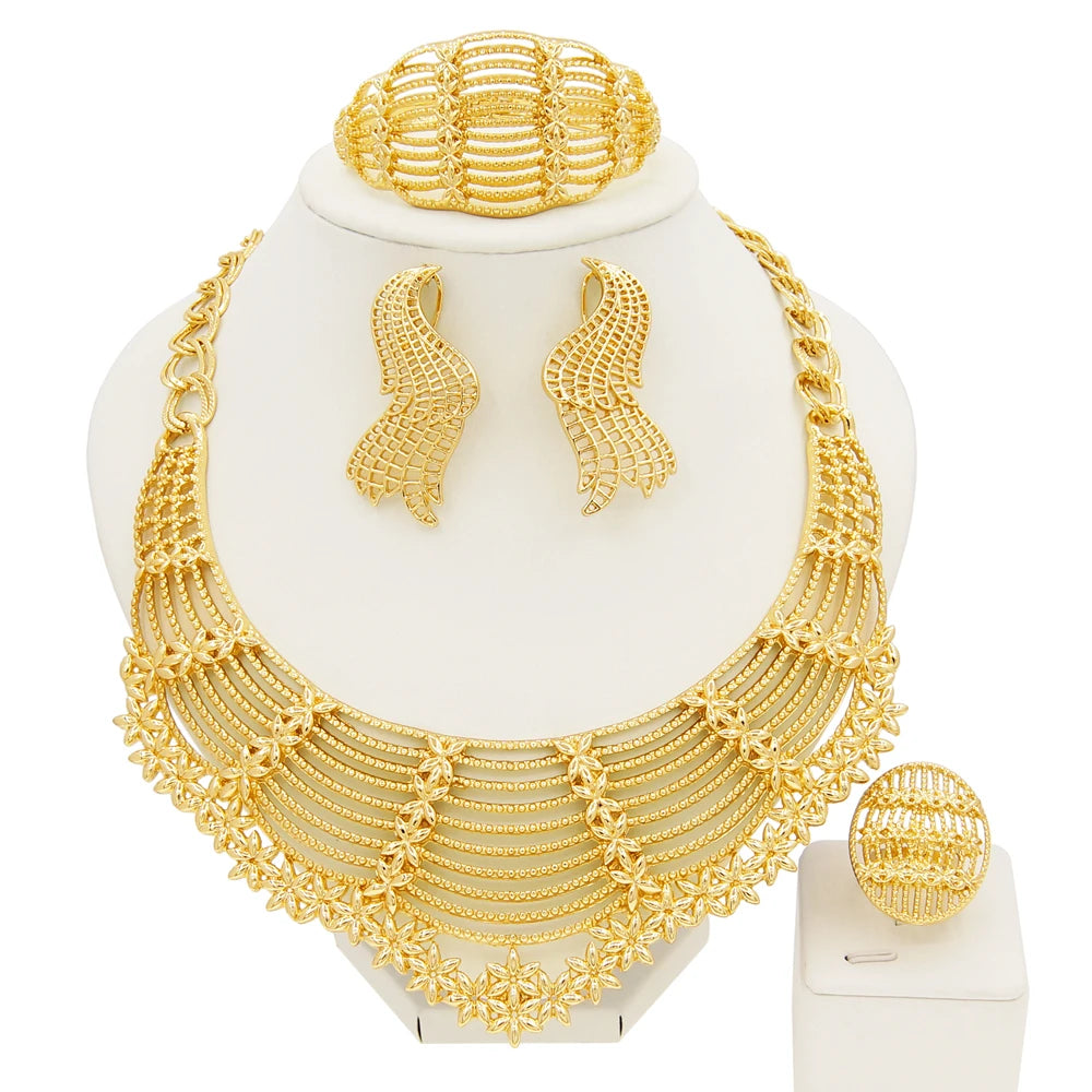 Zhuerrui 18k Pleated Personalized Necklace Bracelet Earrings Ring Jewelry Sets Italian Gold Plated Women's Jewelry Set H00533