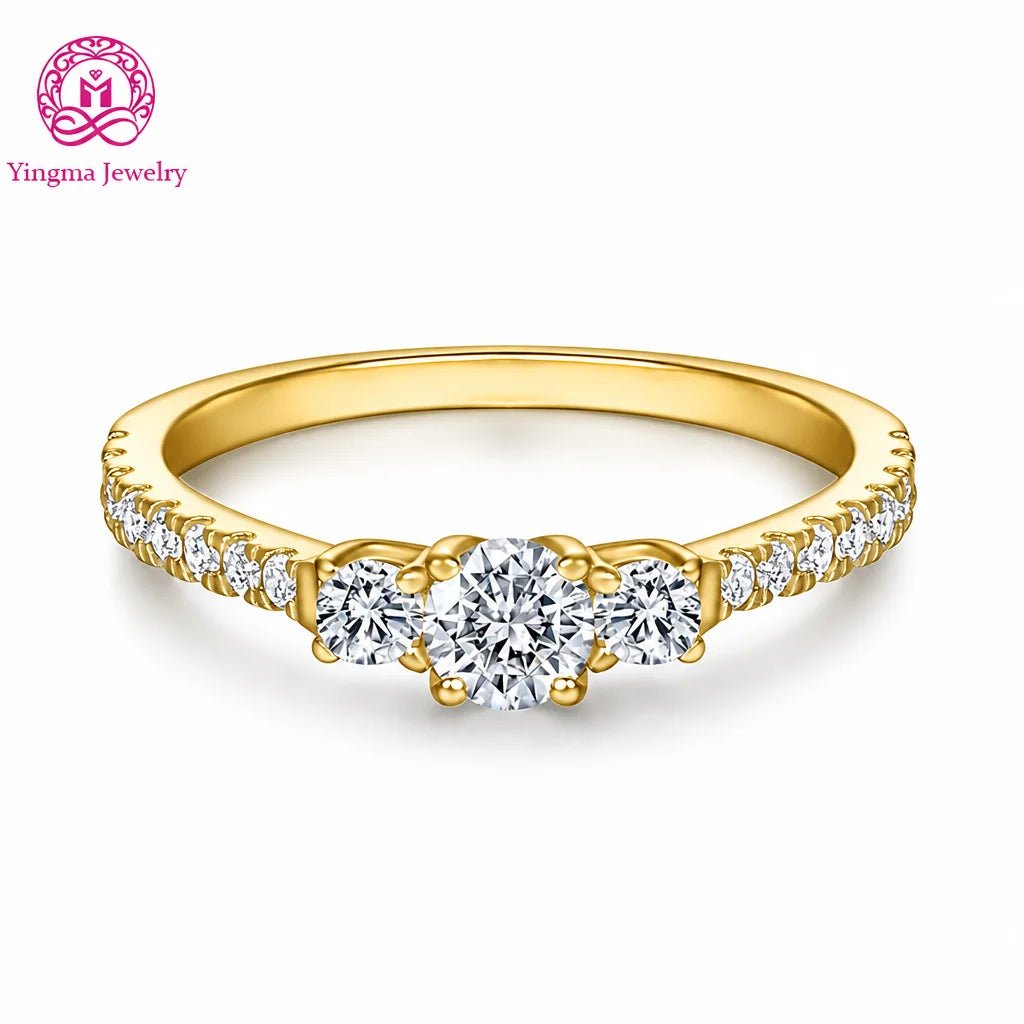 Gioiellieri Three Stone Round Brilliant Lab Grown Diamond Ring DEF VVS 4mm 9K 10K 14K 18K White/Yellow/Rose Gold Women Fine Fashion Jewelry
