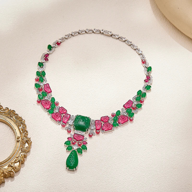 Gorgeous Retro Necklace Earrings Ring 3-piece Set Carved Embossed Pattern  Colorful Zircon Dubai Luxury Brass Jewelry