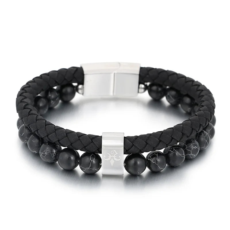 KALEN 210mm Men Mature Stainless Steel Beads&Cowhide Leather Bracelet