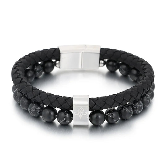 KALEN 210mm Men Mature Stainless Steel Beads&Cowhide Leather Bracelet
