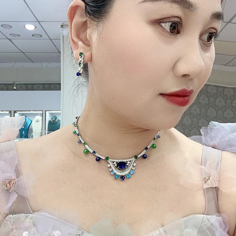 Gradient Blue Bead Necklace Earring Set Zirconia High Quality Brass Jewelry Fashion Sexy Women's Gift