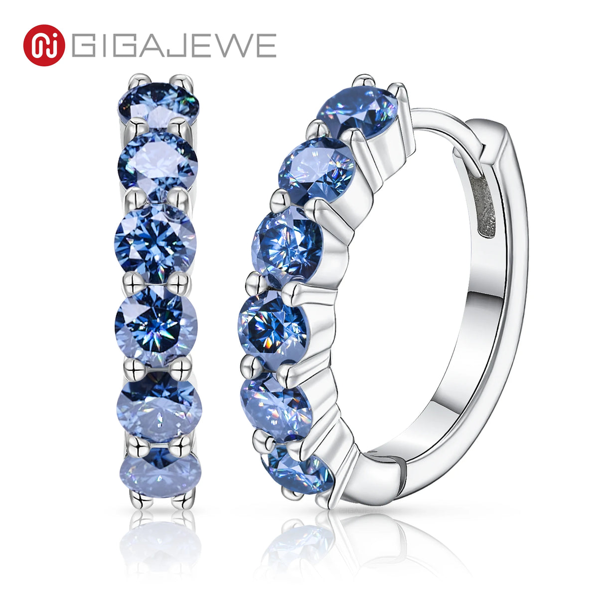 GIGAJEWE 3.0mm Total 1.2ct White/ Blue/ Green Color Moissanite Silver 925 Plated White 18k Gold Hoop Earrings