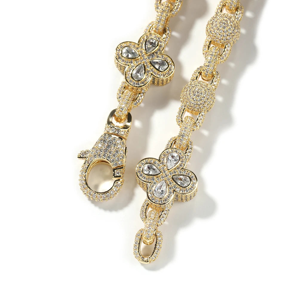 Latest Luxury Design Hiphop Customize Brass CZ Clover Necklace Beaded Chain Cuban Chain Necklace for Women and Men