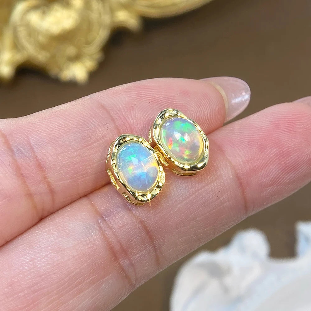 Gioiellieri Luxury Natural White Opal Diamond Stud Earrings 925 Sterling Silver Gold Plated Hypoallergenic Certified Wedding Party