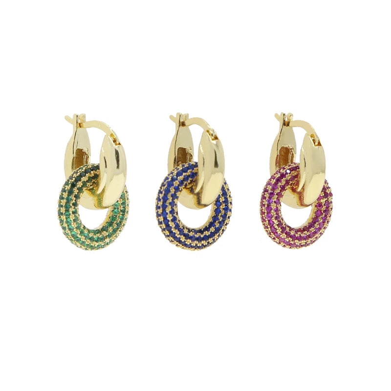 Pink Green Blue Colorful Zirconia Double Circle Huggie Hoop Earring 5A CZ High Quality Bling Fashion Design Women Jewelry