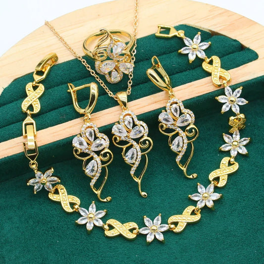 Personalized White Zircon Bracelet Earrings Necklace Pendant Bride Ring Gift Gold Women's Jewelry Set for Parties Weddings