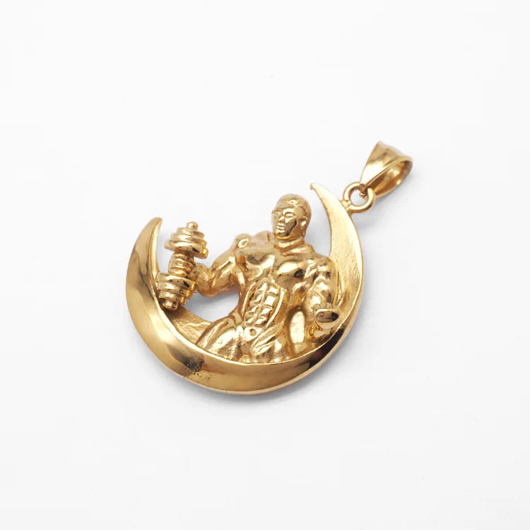 Hip Hop Moon Muscle Male Dumbbell Waterproof Stainless Steel Fashion Pendant Necklaces 18K Gold Plated for Male Man Mens