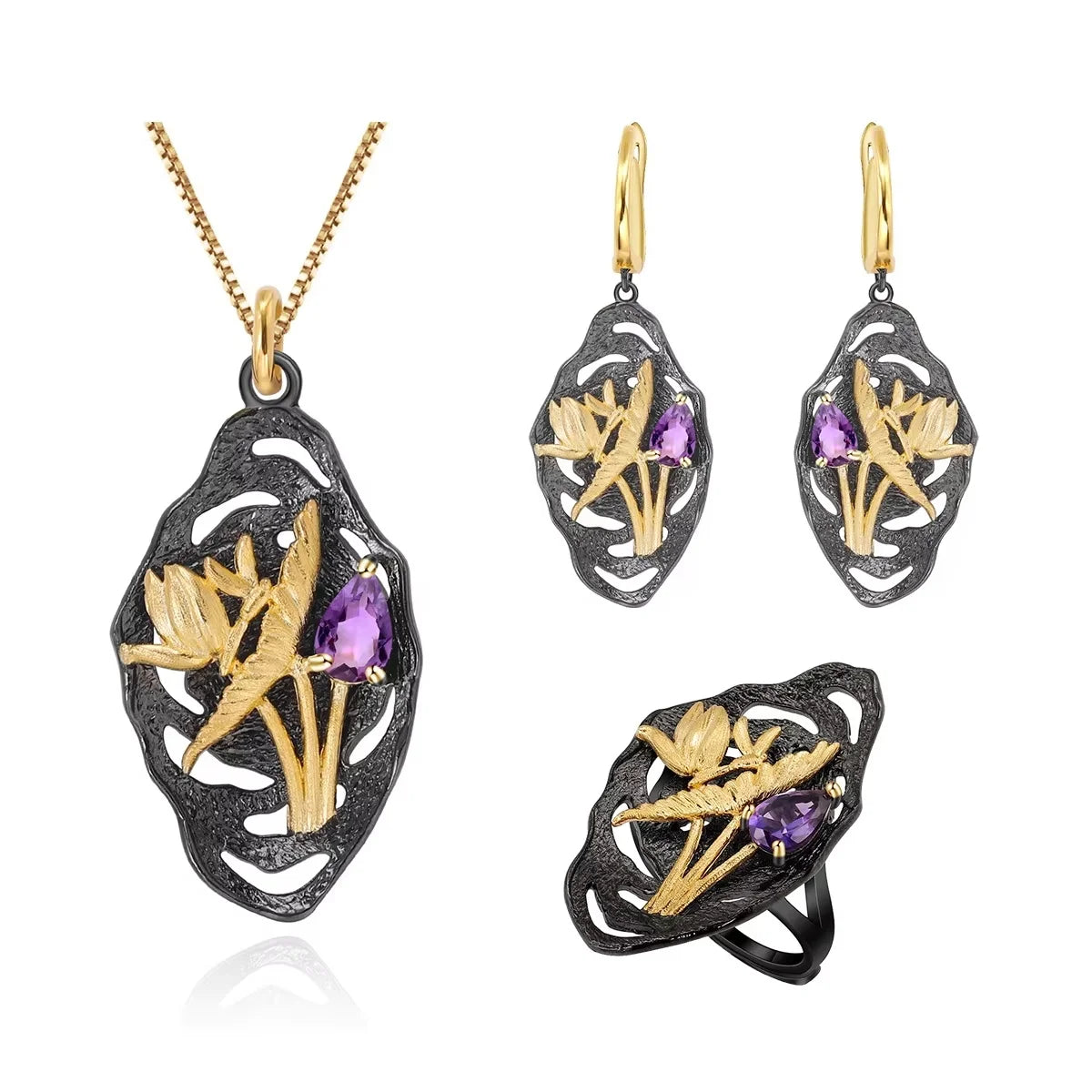 ArtistA Abiding Dreamy Summer Stylish 925 Stamped Silver Natural Amethyst Ladies Vintage Lotus Bud & Leaves Dragonfly Jewelry Set