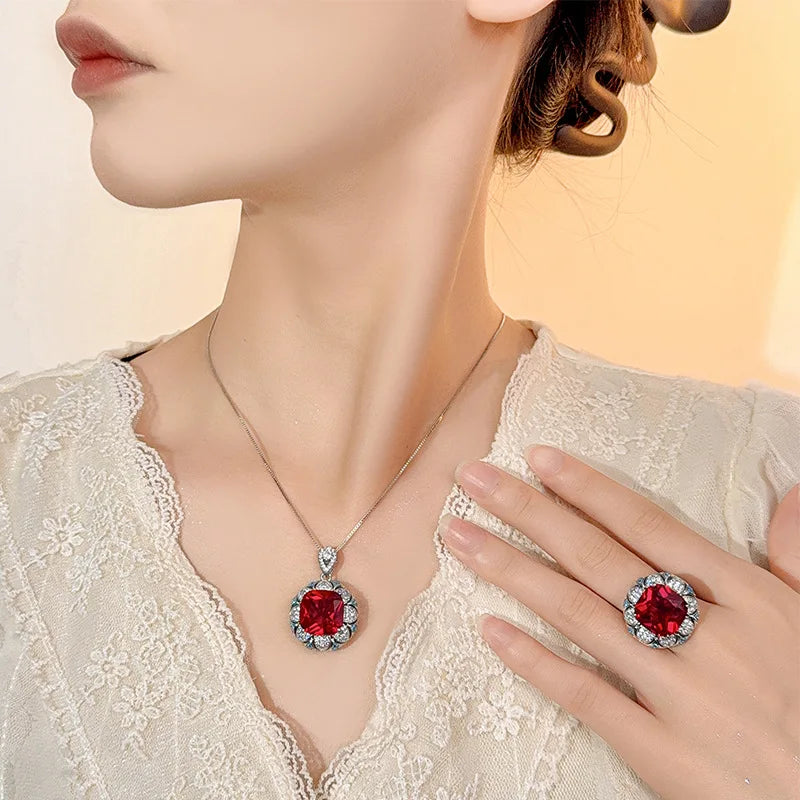 REDheart Women's Classical Grain Copper Inlaid Zircon Gold-Plated Flower Shape Opening Ring Simulation Blue Spinel Retro Set