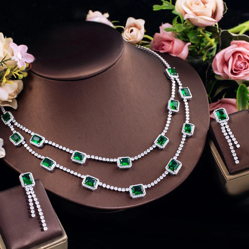 Generous Design Rectangle Cubic Zirconia Necklace and Earrings Set Wedding Bridal Party Green Jewelry Set for Women Accessories