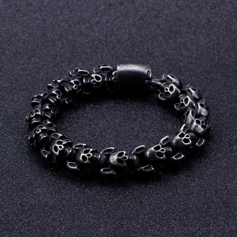 VIKING Mens Punk Big Skeleton Bracelet – Oxidized Black Stainless Steel