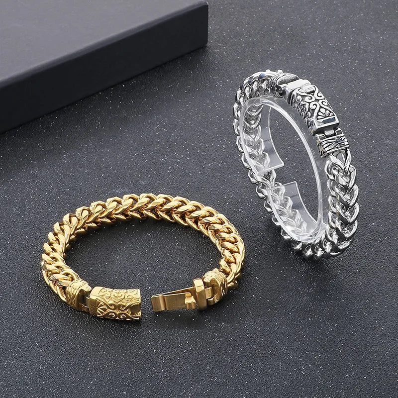 KALEN Gothic Patterns Fine Jewelry Fashion Bracelets Men Stainless Steel Herringbone Links Bracelet Bangle
