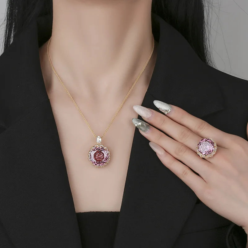 S&S Luxury Ladies' Rose Pendant Ring Shining Zircon O-Chain Rose Red Purple Silver Bridal Party Jewelry Set
