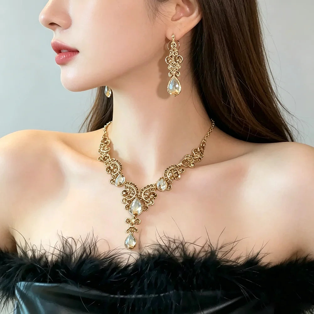 XM S364 Gold Plated Princess Cut Champagne Zircon Floral Statement Necklace & Drop Earrings Bridal Set