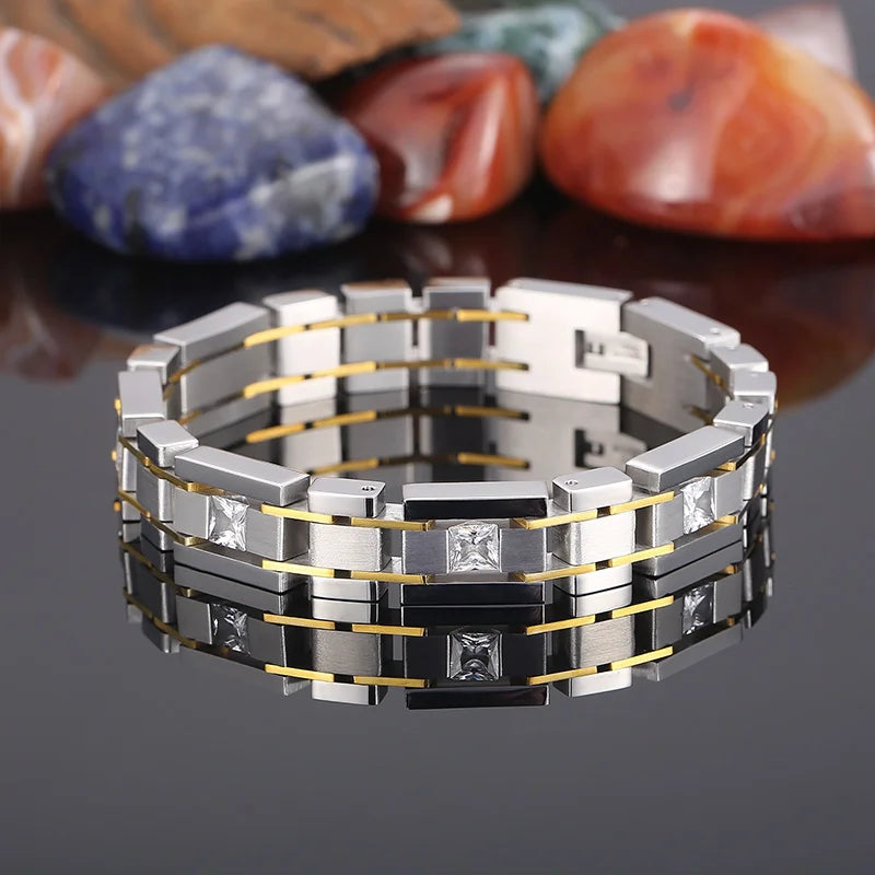 VIKING Mens Casual Watchband Link Bracelet with Zircon – Silver Stainless Steel