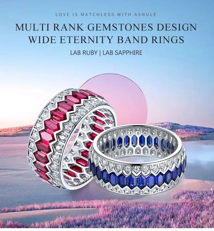 Gemfiori 925 Sterling Silver Jewelry Faux Diamond Eternity Rings Men's Lab Created Rubies Engagement Rings for Women