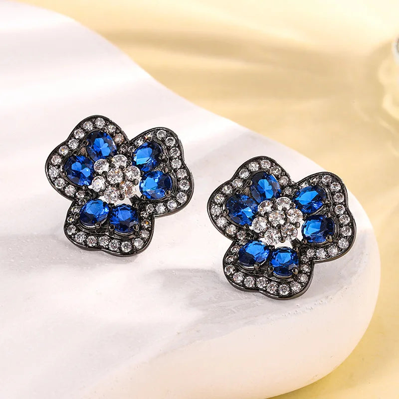 Gemfiori French Elegant Blue Flower Pendant Ring Earring Set Retro Niche Design Camellia Jewelry