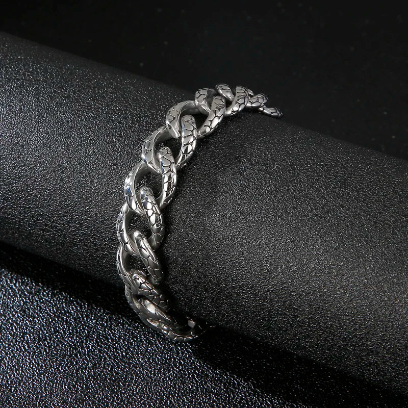 VIKING Mens Gothic Snake Skin Cuban Link Bracelet – Silver Stainless Steel