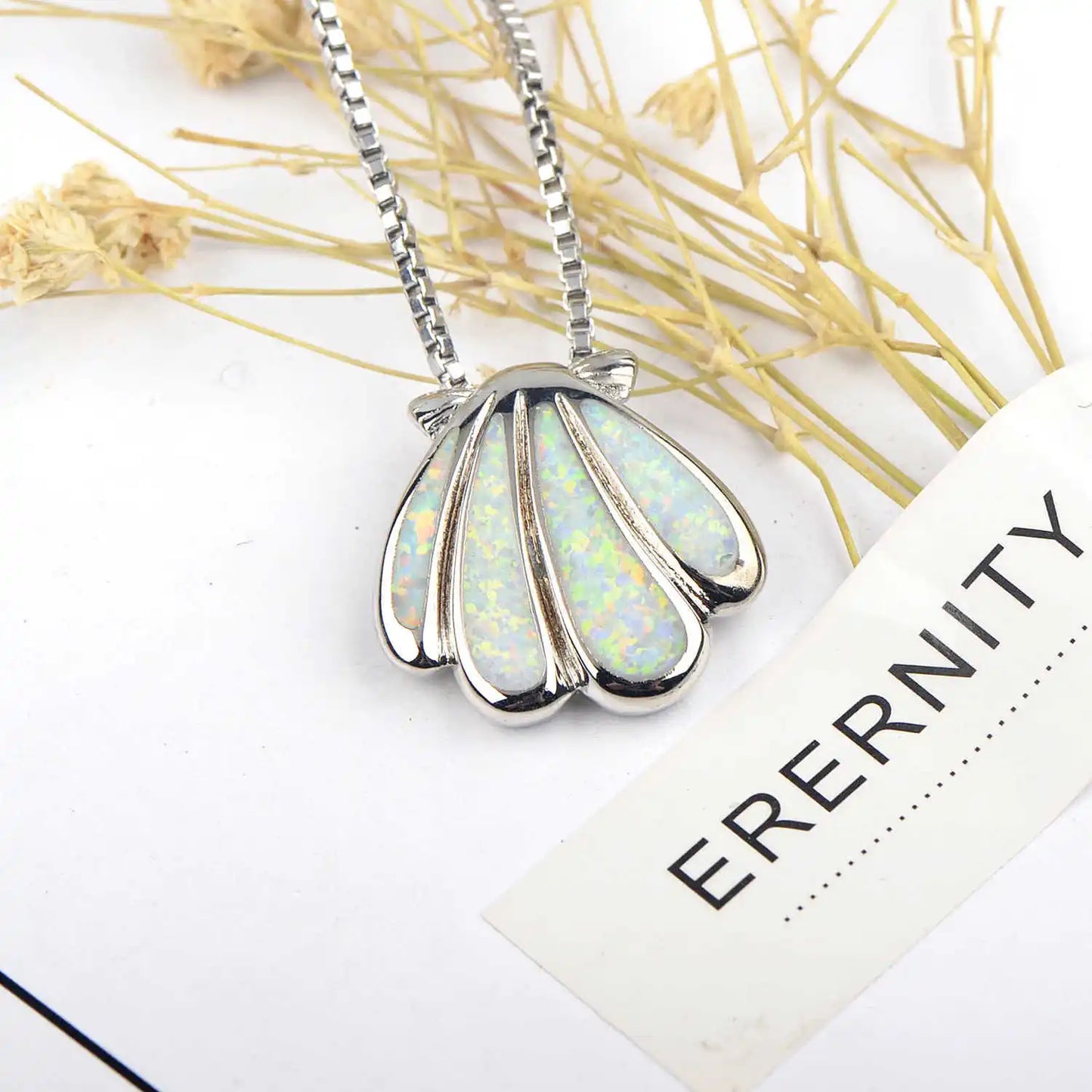 New Christian European American Fashion Accessories White Opal Copper Necklace Scallop Pendant Sweater Chain Silver Plated