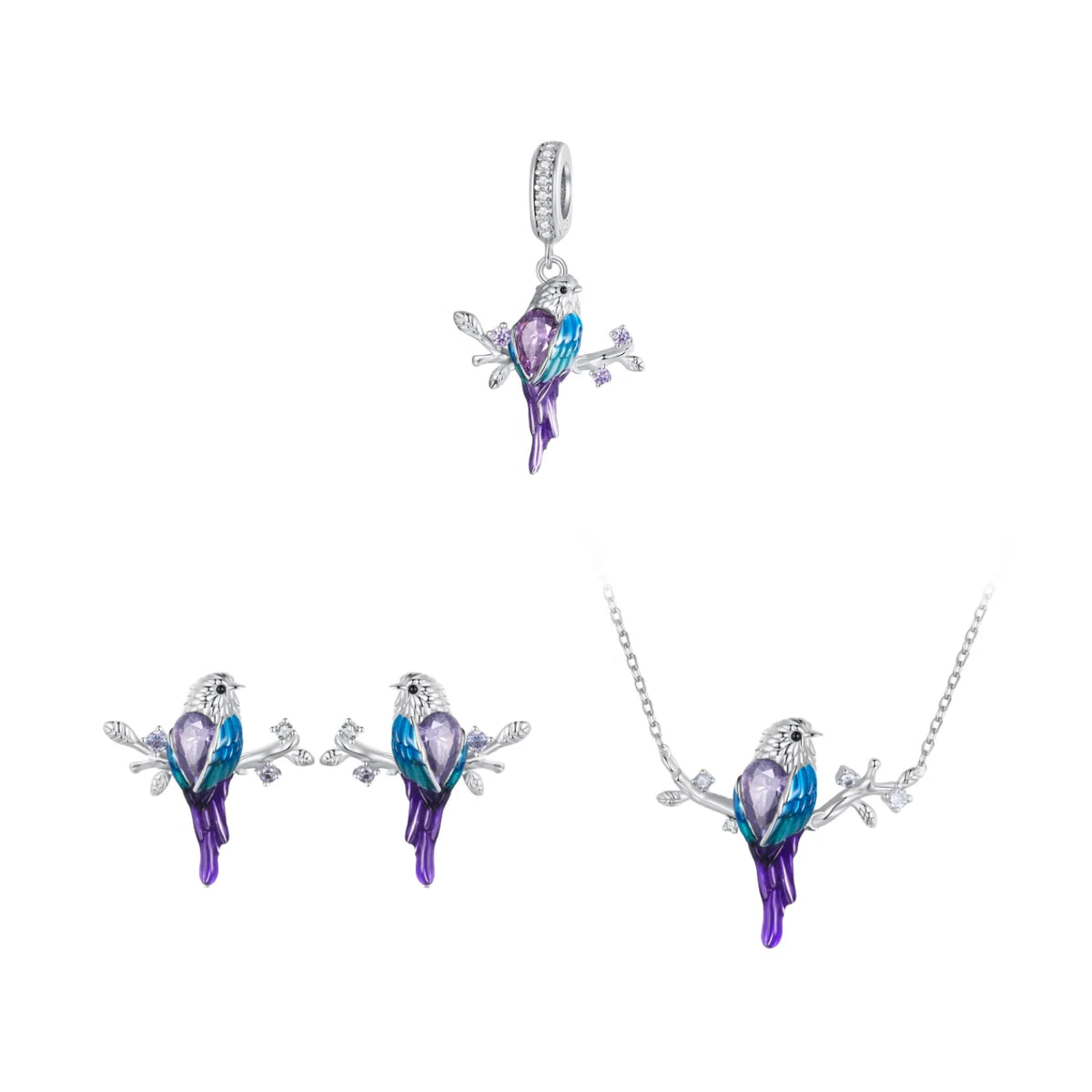 S&S 925 Silver Enamel Kingfisher Jewellery Set – Necklace, Pendant & Earrings – Platinum Plated – Collection