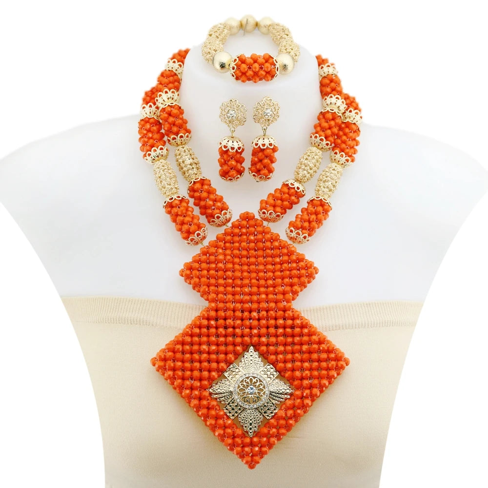 Zhuerrui Traditional Nigerian Red Bead Necklace Set Gold-Plated African Jewelry Embellished with Crystals for Parties YL111