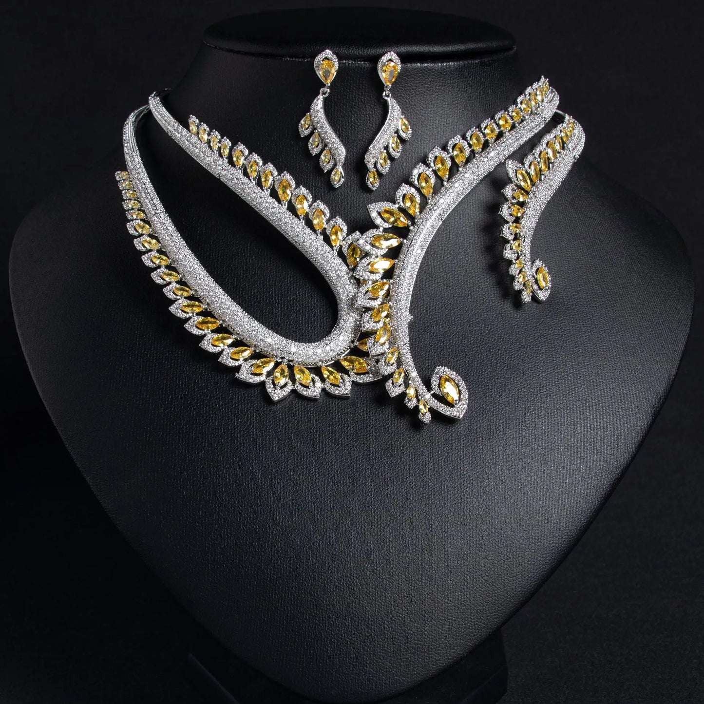 Luxury Cubic Zirconia Yellow Clear Green Red Water Drop CZ Necklace Earring Set for Women Bridal Nigeria Wedding Party Gifts