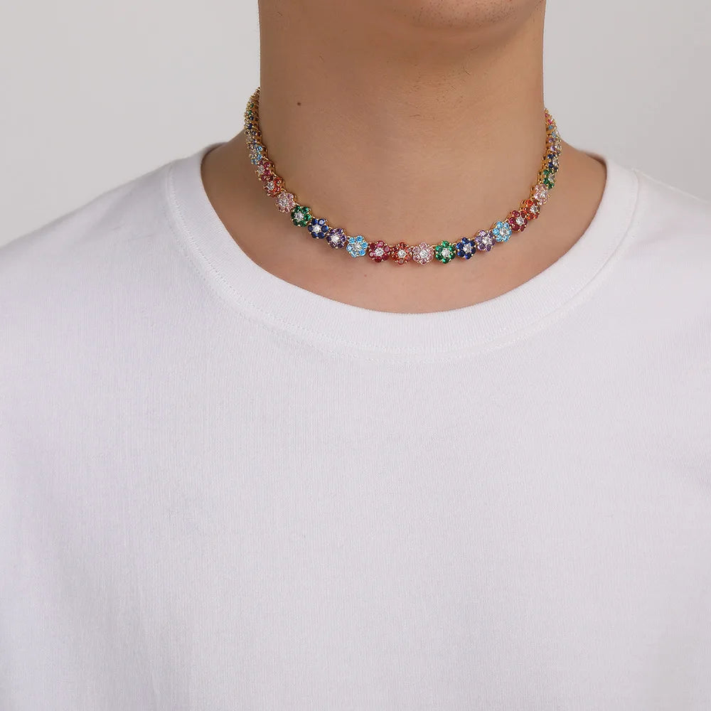Fashion Colorful Flower Charm Zircon Rainbow Tennis Necklace  for Women Luxury Bling Jewelry Gemstone Necklace