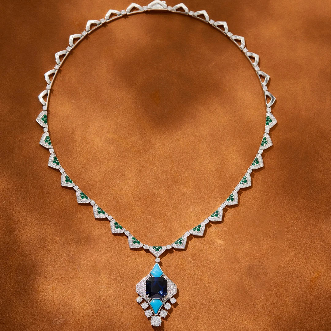 Luxury Blue Turquoise Zirconia Claw-Set Long Chain Pendant Necklace & Earrings Set — Rose Gold & Rhodium Plated